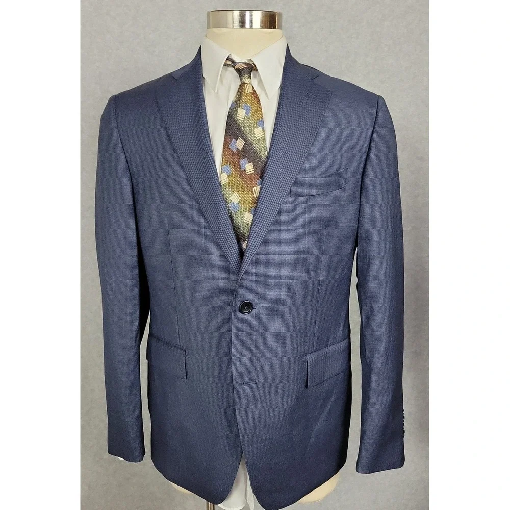 Angelo Nardelli Mens Blue Wool Micro Check Blazer Sport Coat Italy Size 44R